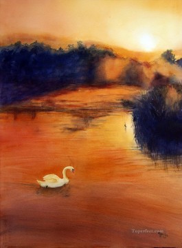 風景 Painting - 赤い水の中の白鳥 風景